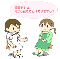 看護師から健診を受ける妊婦のイラスト